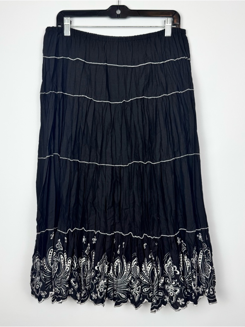Sunny Leigh Black Maxi Skirt with White Embroidered Hem